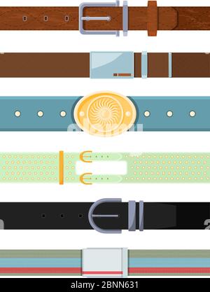 Leather belt. Various cartoon pictures of different types of belts for men Stock Vector