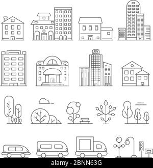 Buildings and urban objects. Vector linear pictures of cars, house and urban trees Stock Vector