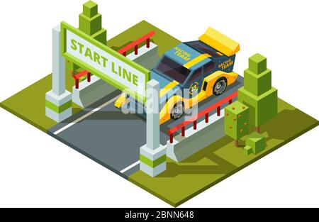 Start race cars. Isometric sport pictures in cartoon style Stock Vector
