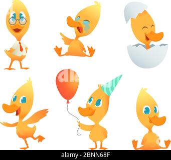 Illustrations of funny duck. Vector cartoon animals in action poses Stock Vector