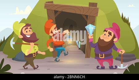 Dwarves in the mine. Vector characters of dwarves which mine golden rocks Stock Vector