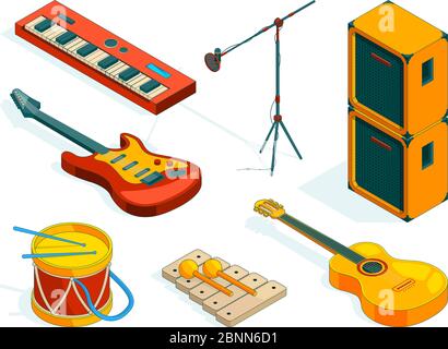 Isometric music tools. Vector pictures instruments of musicians Stock Vector
