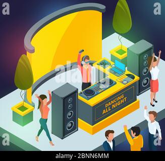 Concert or club party. Scene with musical instruments and DJ setup Stock Vector