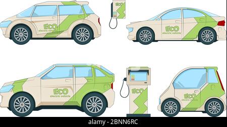 Electric cars. Various cartoon eco cars isolate Stock Vector