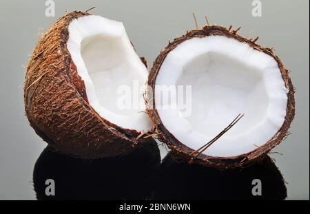 Fresh Coconut chopped into two halves on a gray background with reflection. Vegan organic product. Stock Photo