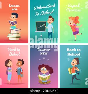 Cards with pupils. Design template of cards with school characters Stock Vector