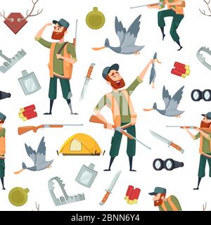 Duck hunters pattern. Seamless background with cartoon pictures and symbols of hunting Stock Vector