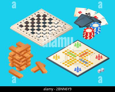 Board games. Vector isometric pictures of various boards games Stock Vector