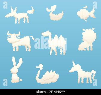 Shapes of animal clouds. Different funny cartoon clouds Stock Vector