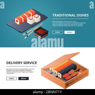 Banner asian food. Pictures of sushi and rolls Stock Vector