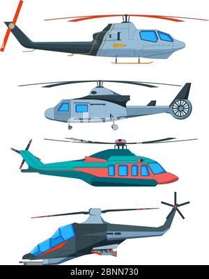 Cartoon avia transport. Various helicopters isolated on white Stock Vector