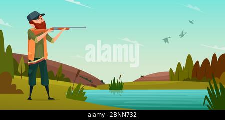 Duck hunting background. Cartoon illustration of hunter on hunt Stock Vector