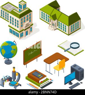 School and education isometric. Back to school 3d symbols Stock Vector