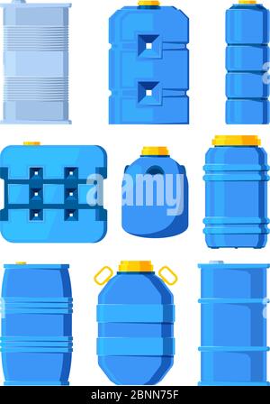 Water tanks. Set of various barrels in cartoon style Stock Vector