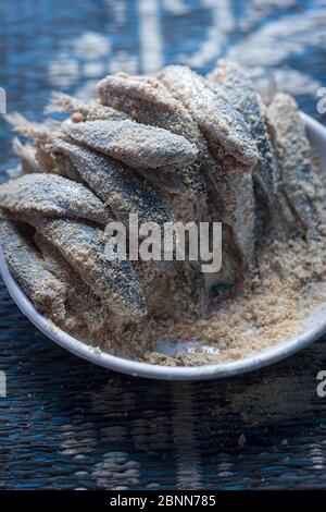 Raw sardines ready for frying, Chefchouen, Morocco Stock Photo