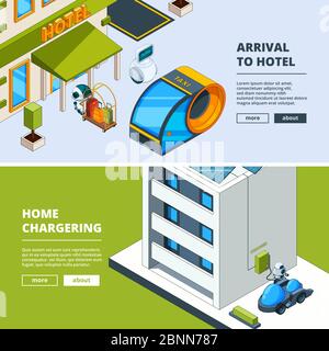 Futuristic transport and robots. Banners template with isometric low poly city of future Stock Vector