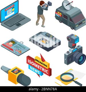 Breaking news symbols. Isometric pictures of writers videographers and journalists Stock Vector
