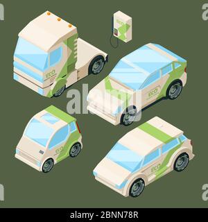 Isometric electric cars. Various eco cars isolated Stock Vector