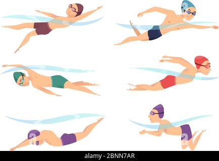 Swimmers at various poses. Cartoon sport characters in poll action poses Stock Vector
