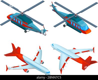 Helicopters isometric. 3d pictures of avia transport. Airplanes and helicopters Stock Vector