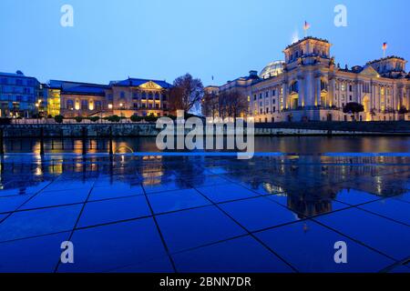 View over the Spree, German Parliamentary Society, Reichstag, rain, reflection, blue hour, Bundestag, government district, Berlin, Germany Stock Photo