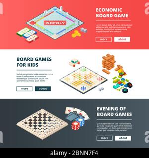 Banners of board games. Vector horizontal banners with various concept pictures of board games Stock Vector