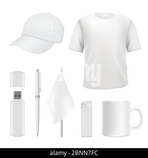 Souvenirs templates. Promotional branding gifts empty elements. Blank business identity on white Stock Vector