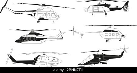 Black helicopters silhouettes. Vector pictures of avia transportation Stock Vector
