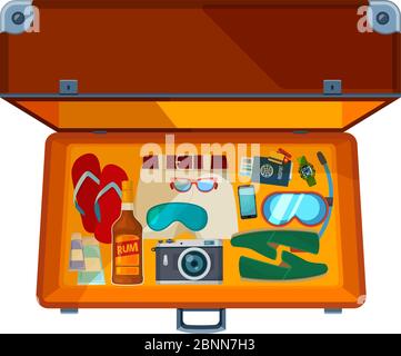 Open suitcases. Illustration of open suitcase with various clothes for vacation Stock Vector