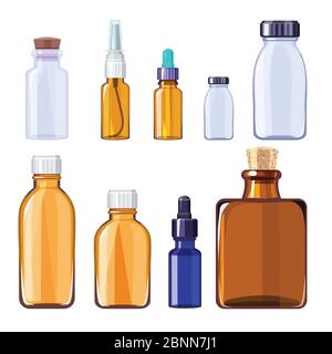 Glass medical bottles. Isolated glass containers and bottles for medical pills and liquid drugs Stock Vector