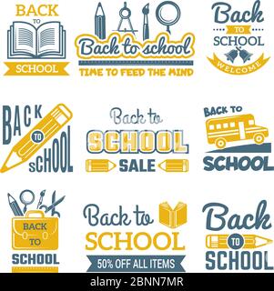Back to school labels set. Vector monochrome badges isolate Stock Vector