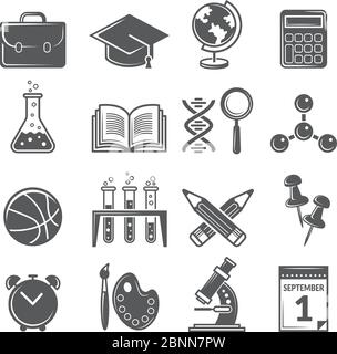 Back to school icons. Monochrome school symbols isolate Stock Vector