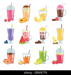 Cartoon smoothie. Various summer drinks smoothie set Stock Vector