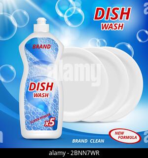 Liquid detergent for washing dishes. Advertizing poster with illustrations of various dishware Stock Vector