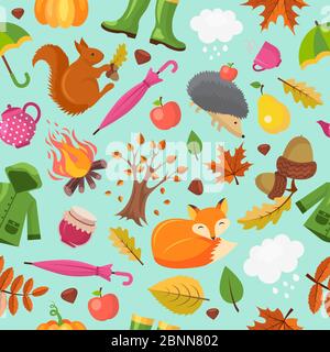 Autumn animals pattern. Forest fall cute fox hedgehog and orange squirrel in yellow leaves vector autumn seamless background Stock Vector