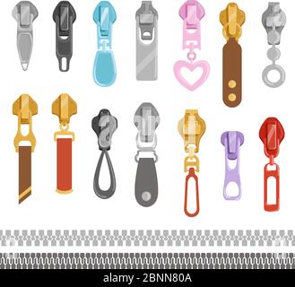 Zipper set on white. Cartoon zippers. Various accessories for clothes Stock Vector