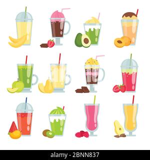 Summer drinks smoothie. Various pictures of fruit juice and smoothie Stock Vector