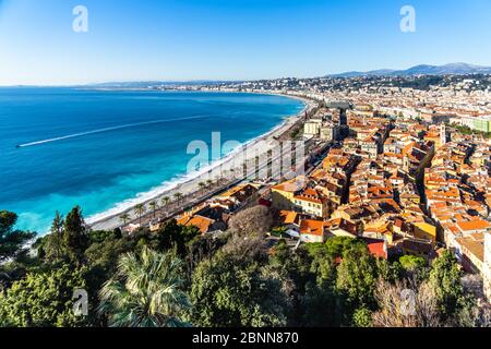 Wide panorama of Nice, the biggest city of the Cote d'Azur and a popular tourist destination, France Stock Photo
