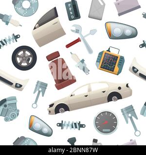 Car tools pattern. Mechanic details of automobile isolated parts engine wheel transmission door body vector cartoon seamless pictures Stock Vector