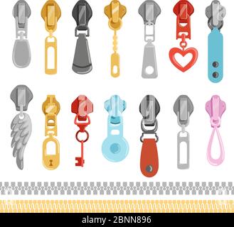 Metallic zippers. Vector tools for clothes set Stock Vector