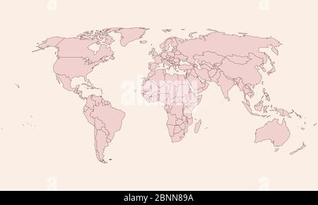 Vintage blank world map pink shade background vector. All countries map with boarders. Great for business concepts, digital backgrounds, backdrop, ban Stock Vector