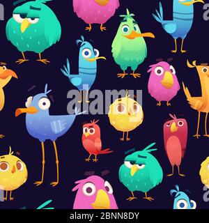 Angry birds pattern. Game parrots and exotic baby cute and funny colored birds. Vector cartoon seamless illustrations Stock Vector