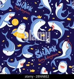 Shark pattern. Sea ocean fish blue scare animal aquarium life big open mouth of cartoon attack shark vector seamless picture Stock Vector