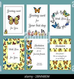 Cards with butterflies. Design template of cards invitation with illustrations of colored butterflies Stock Vector