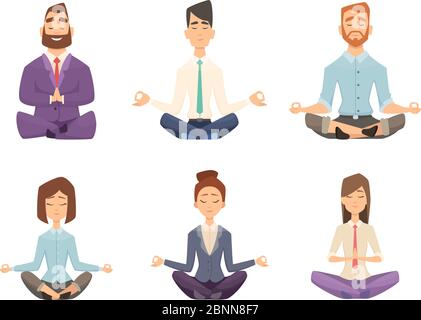 Businessman yoga. Man and woman relaxing meditation at workspace table vector concept cartoon illustration Stock Vector