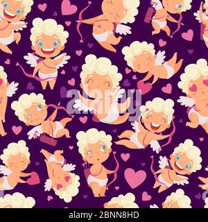 Angels seamless pattern. Love valentines day pink hearts cute angels with bow vector cartoon characters background Stock Vector