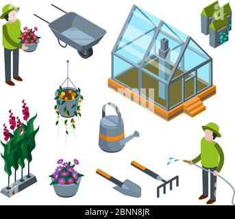Greenhouse flowers. Agricultural concept 3d glass house with plants vegetables fruits trees nursery vector isometric illustrations Stock Vector