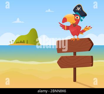 Pirate parrot. Funny colored bird arara sitting on wood sign direction vector background illustration in cartoon style Stock Vector