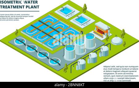 Water cleaning factory. Sewage treatment purification industry watering pipe systems and processes vector isometric pictures Stock Vector