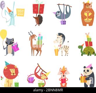 Birthday animals. Holiday happy celebration hare hedgehog bear zebra turtle lion and monkey festive gifts vector cartoon animals Stock Vector